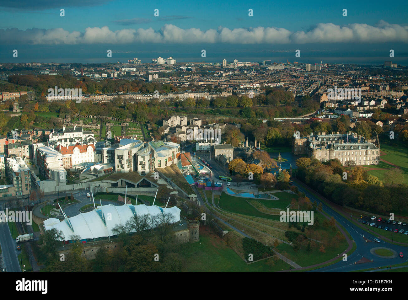 Holyrood Palace, the Scottish Parliament and Holyrood Park from Salisbury Crags, Edinburgh Stock Photo