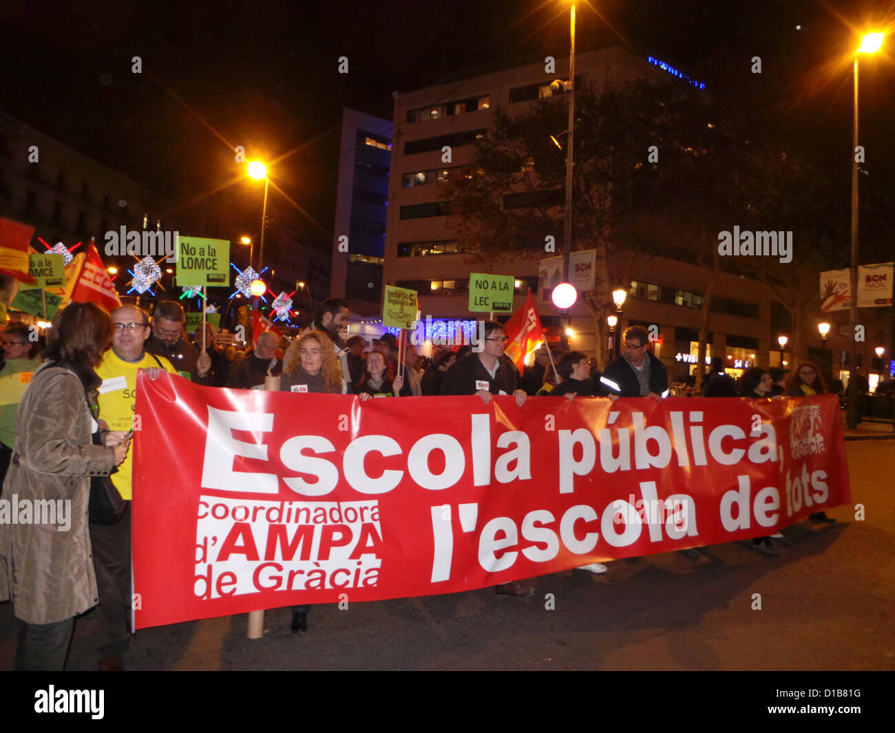 Protest in Barcelona on December 13 against the budget cuts in education and the education bill LOMCE designed by the education minister Wert. Great presence of trade unions chanted hymns against the central and regional governments. Stock Photo
