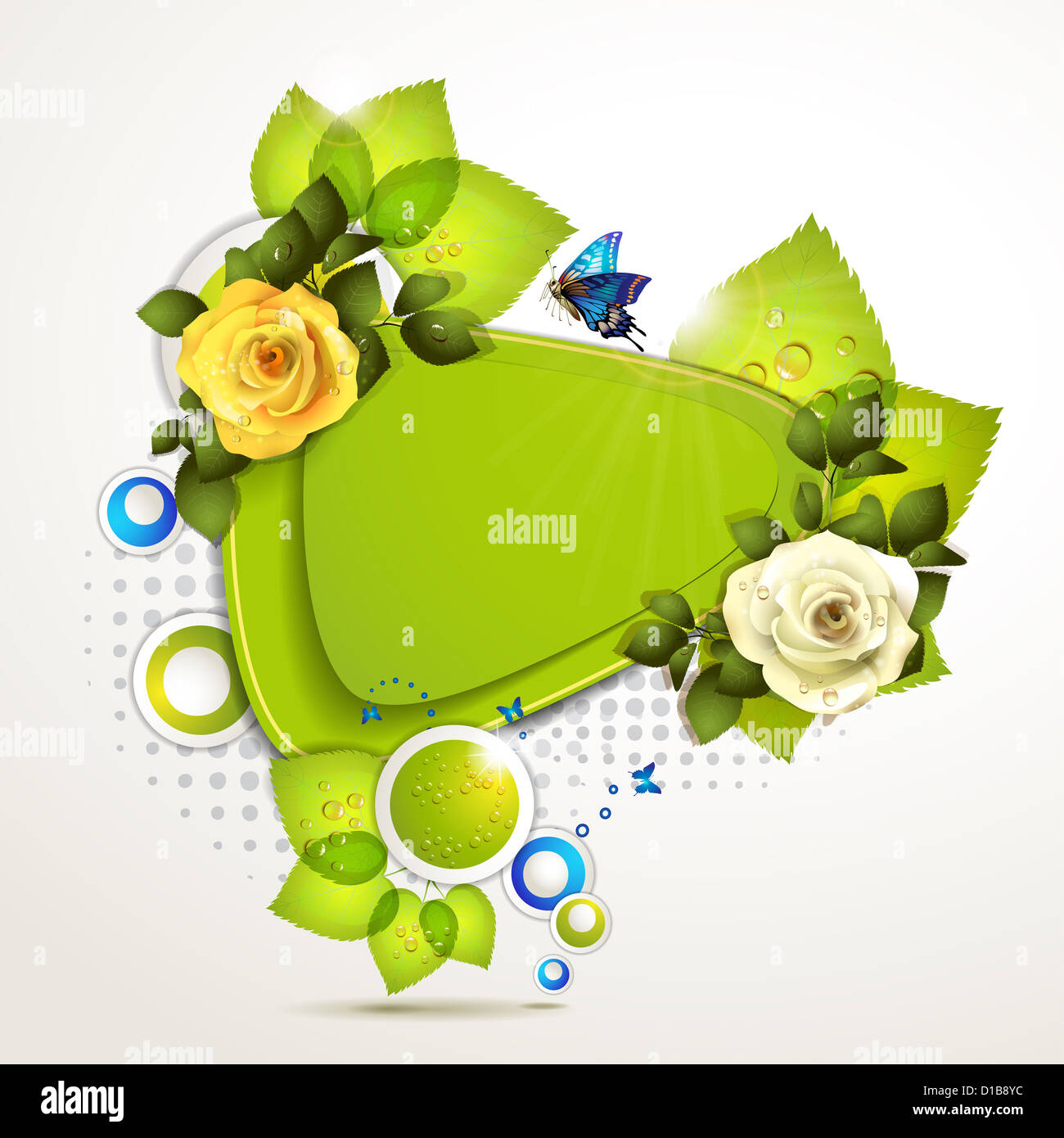 Green banner design with leaf, roses and butterflies Stock Photo