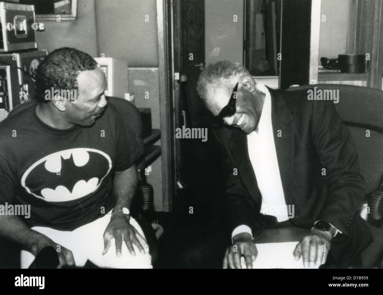 RAY CHARLES  at right with Quincy Jones while making 'Listen Up: The Lives of Quincy Jones' for Warner Bros in 1990. Stock Photo