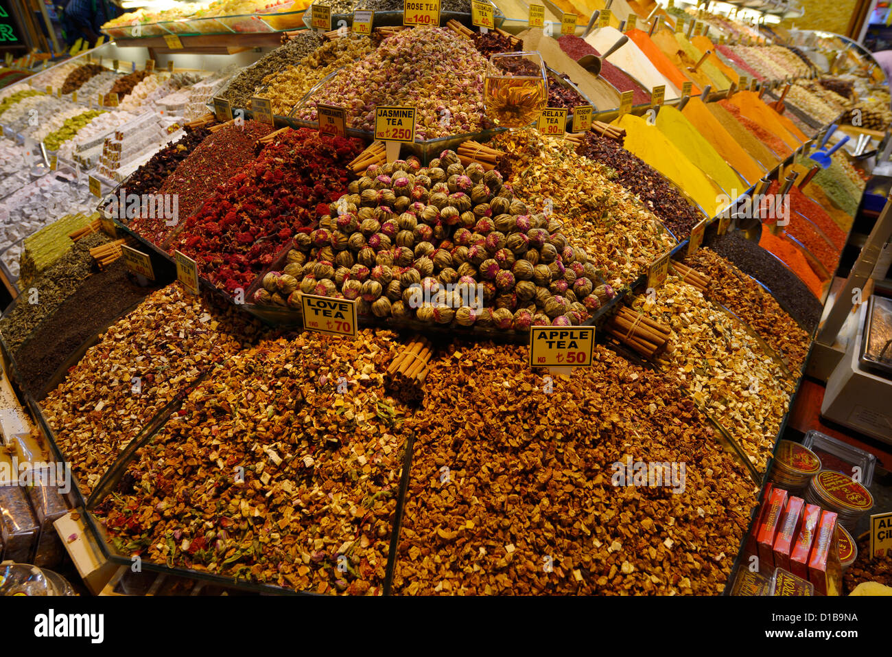 Love tea among other flavours with spices and Turkish Delight in the Egyptian Spice Bazaar Eminonu Fatih Istanbul Turkey Stock Photo