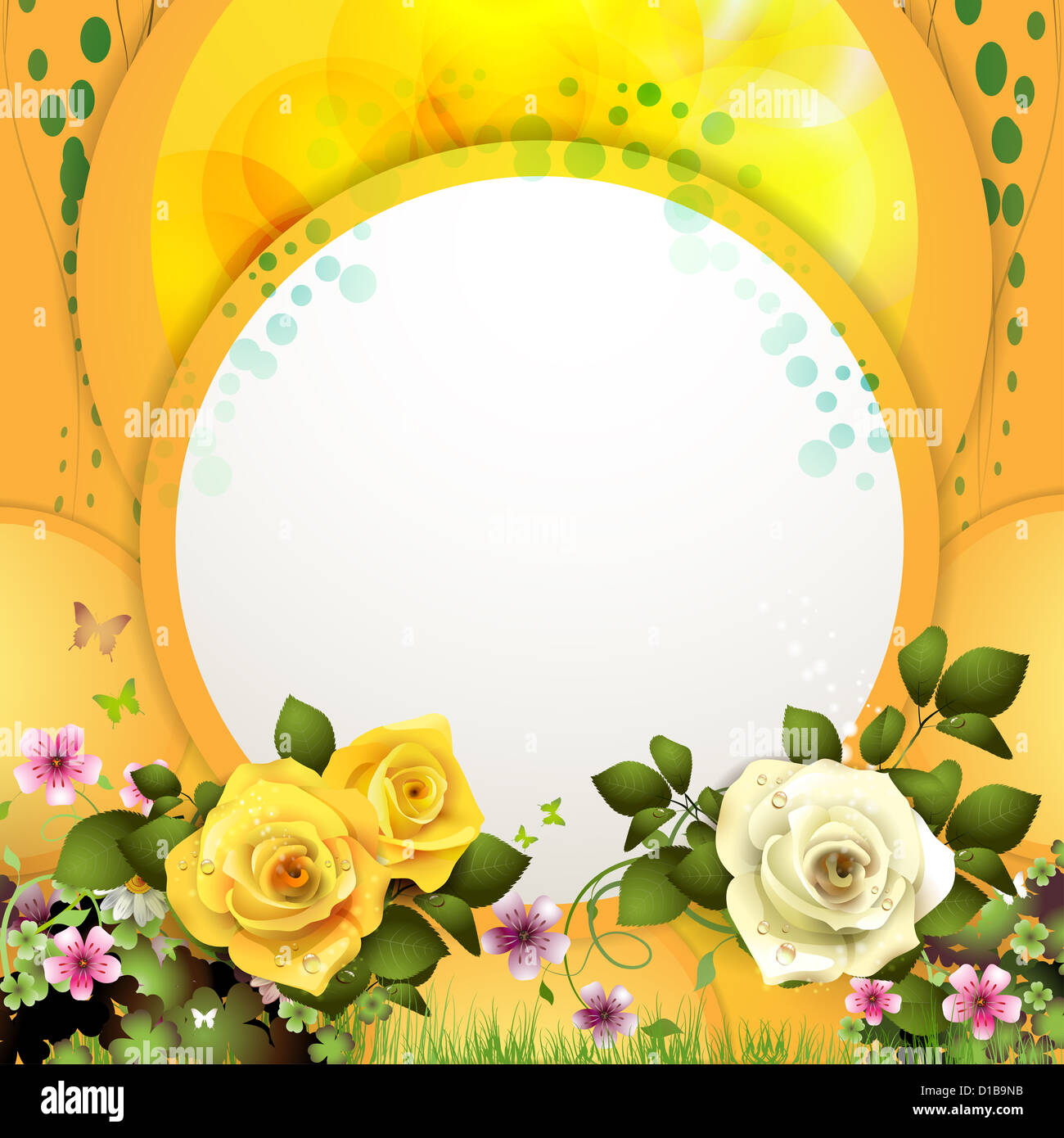 Yellow background with flowers and butterflies Stock Photo - Alamy