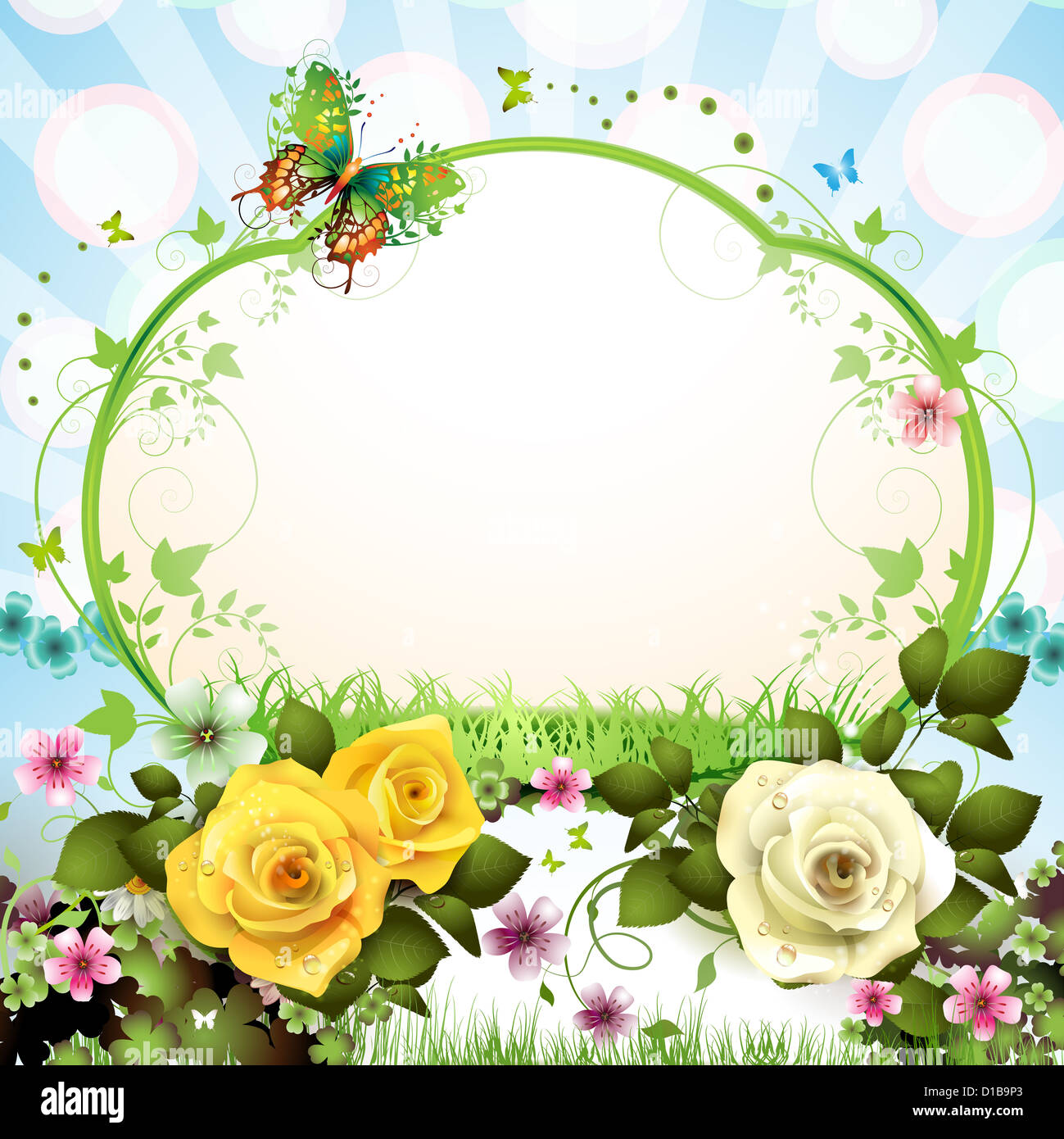 Springtime background with butterflies and roses Stock Photo - Alamy