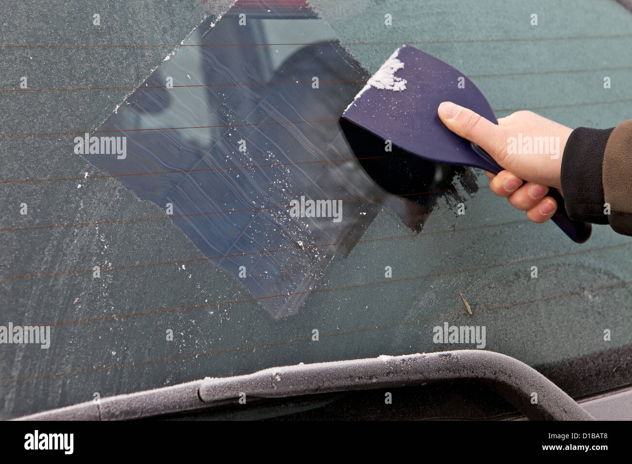 Clearing the frost off rear window of car in cold icy British weather Stock Photo Alamy