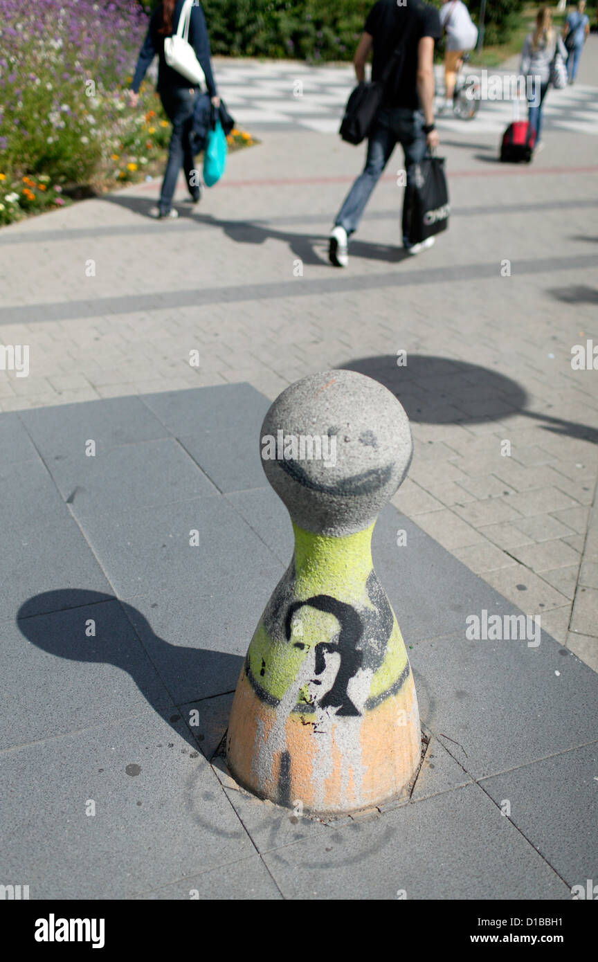 Magdeburg, Germany, a portrait of Rudolf Hess on a bollard in New Olvenstedt Stock Photo