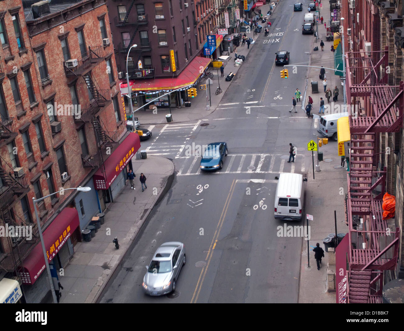 Aerial view of Madison Street in the Two Bridges section of Chinatown, New York City Stock Photo
