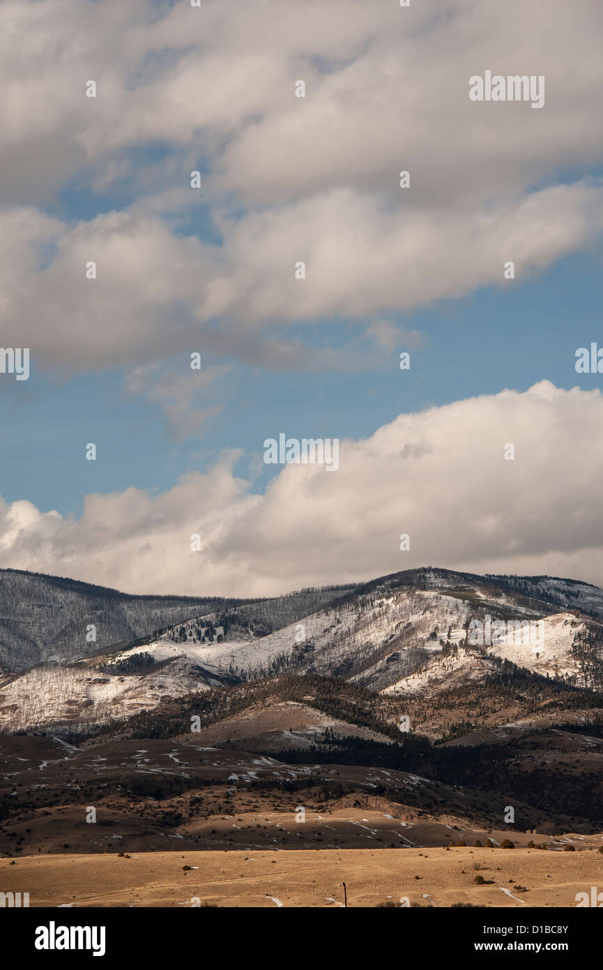 Fall snow on the mountains around Paradise Valley, Montana,  just north of Yellowstone National Park. Stock Photo
