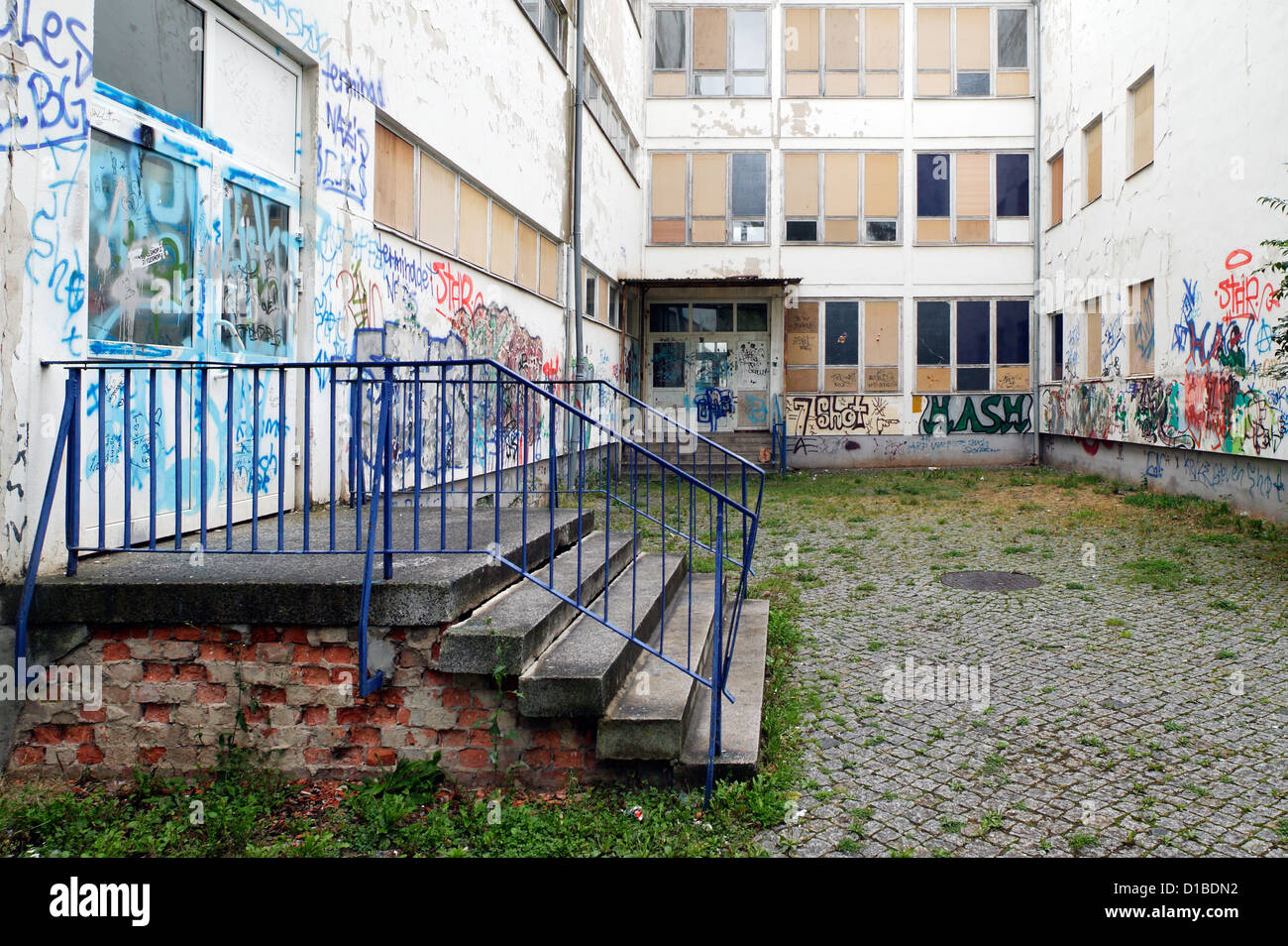 Sangerhausen, Germany, a deserted courtyard of a vacant school Stock Photo