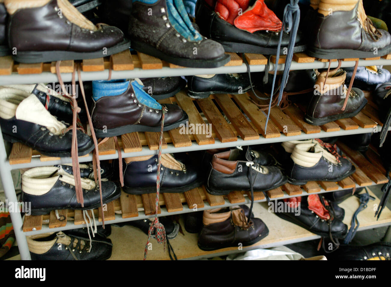 Gotha, Germany, cross-country boots from GDR production back left on a shelf Stock Photo