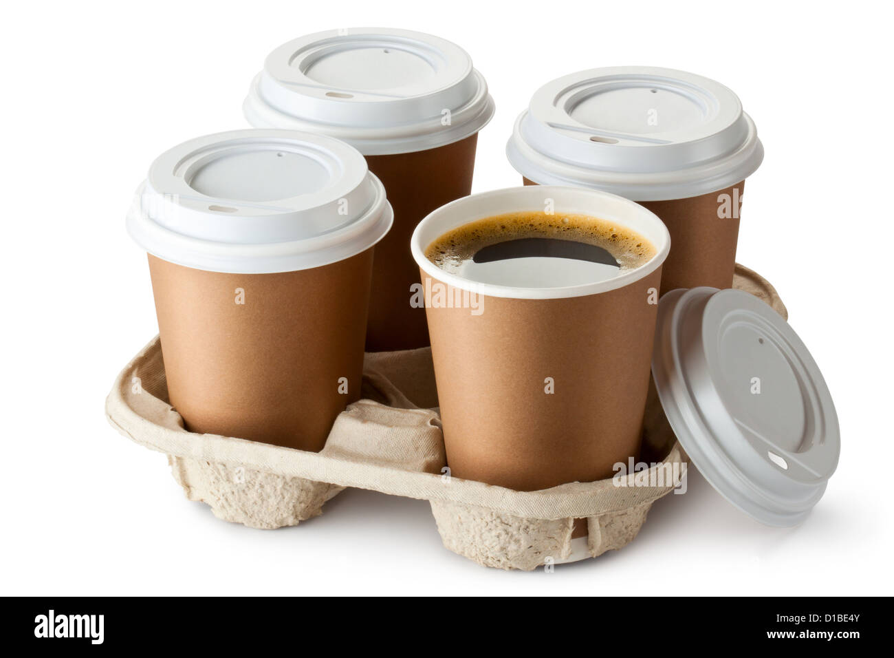 Four take-out coffee in holder. One cup is openend. Isolated on a white  Stock Photo - Alamy