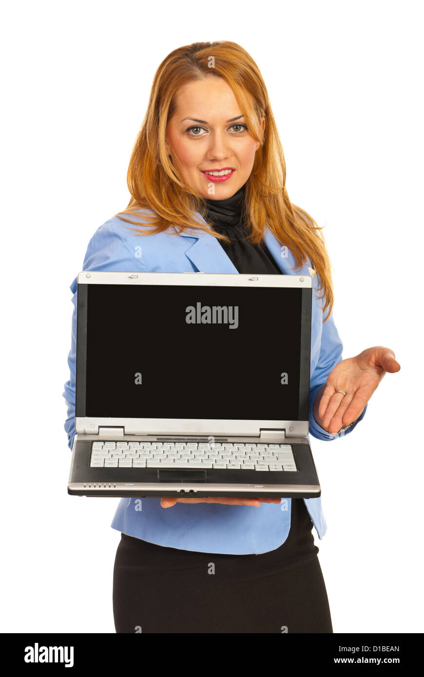 Business woman showing laptop screen isolated on white background Stock Photo