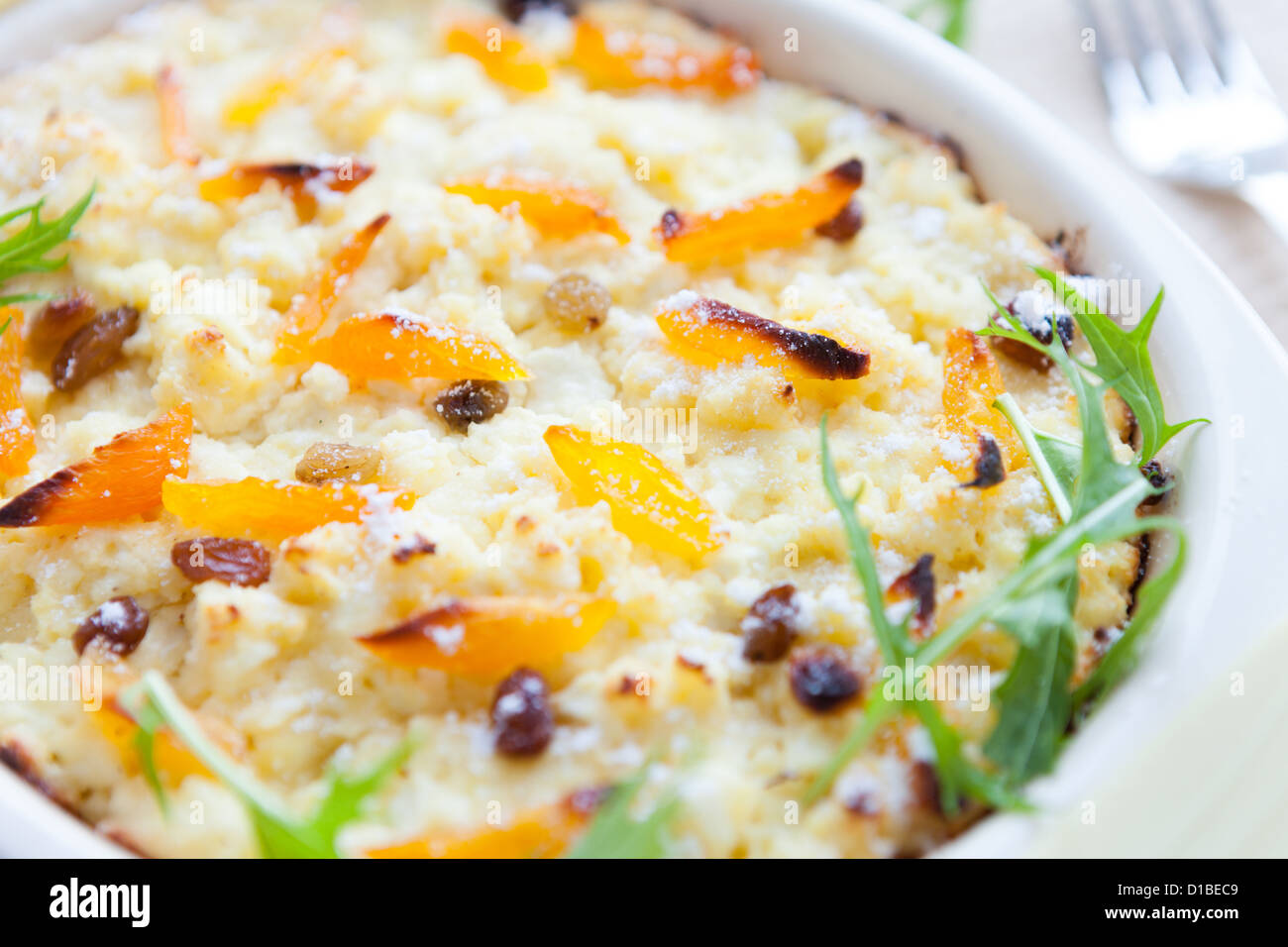 curds baked pudding with banana and dry fruits, closeup Stock Photo Alamy
