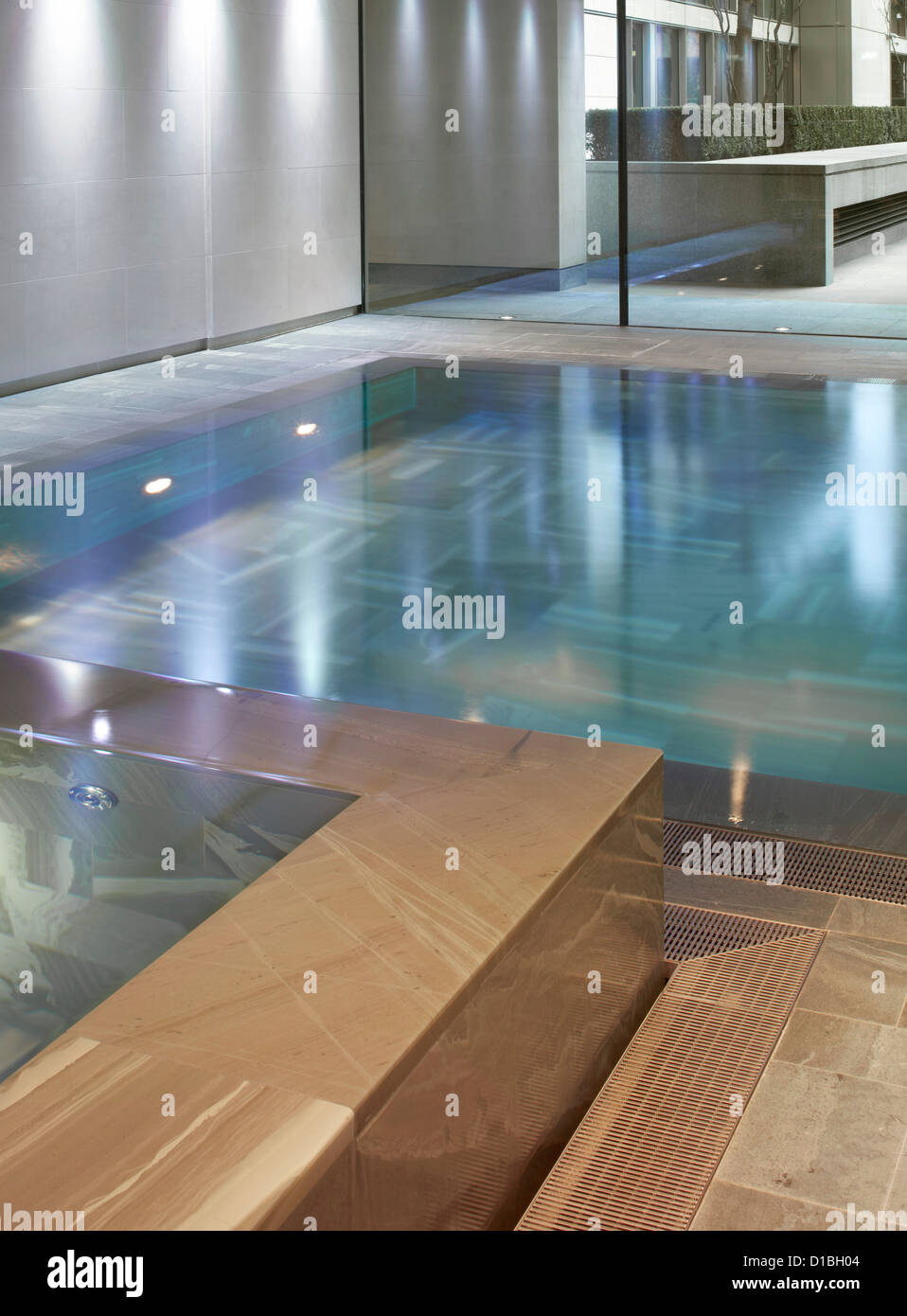 Kinesis Spa, London, United Kingdom. Architect: Squire + Partners , 2012. Detailed view of pool on lower ground floor. Stock Photo