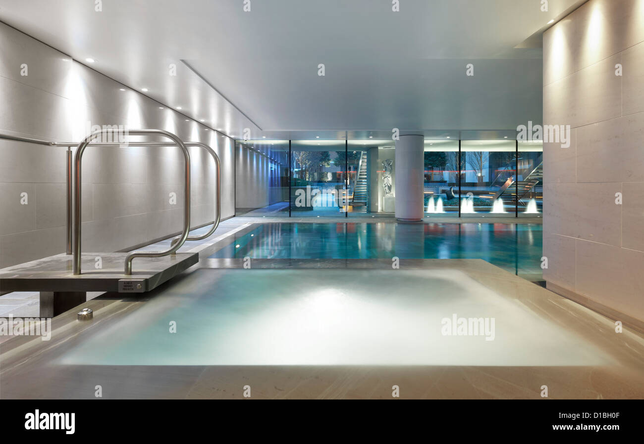Kinesis Spa, London, United Kingdom. Architect: Squire + Partners , 2012. Detailed view through from swimming pool area to centr Stock Photo