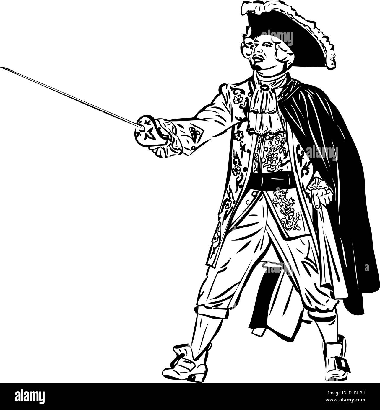 a sketch of a man in a hat cape sword Stock Photo