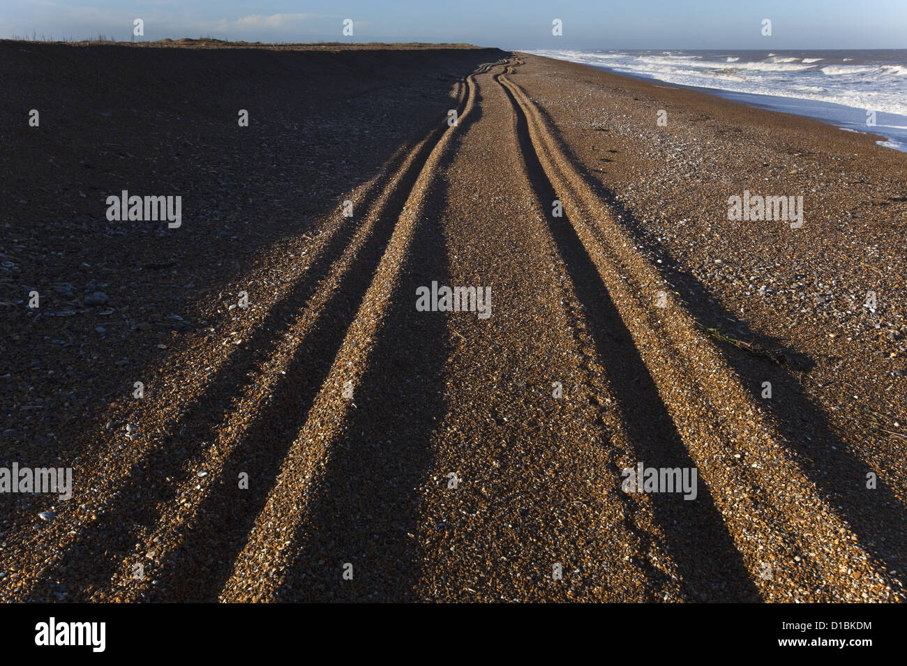 Tractor tracks Blakeney Point and North Sea Norfolk Stock Photo