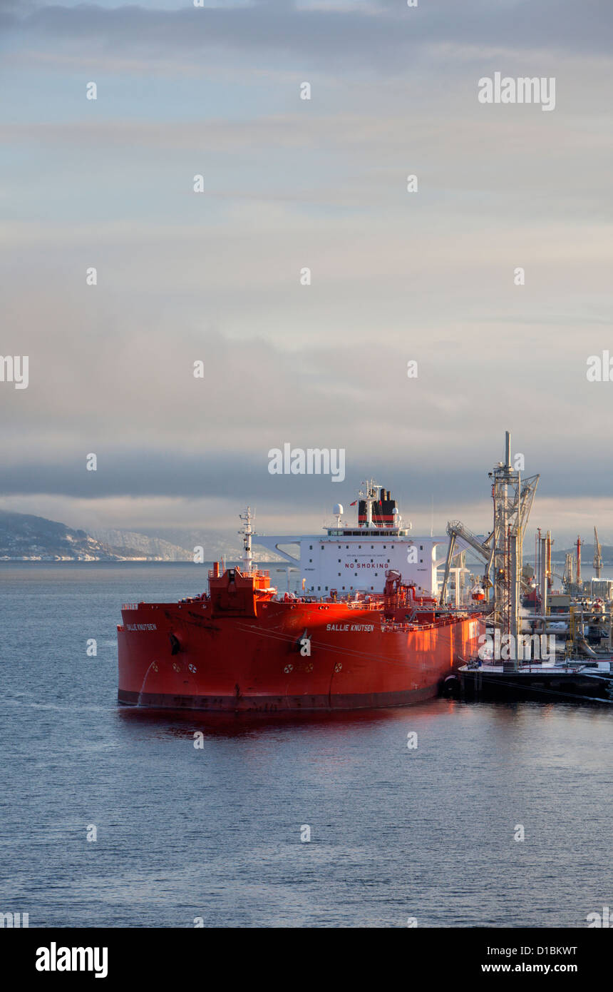 Crude oil tanker loading or discharging at Mongstad refinery, Norway. Stock Photo