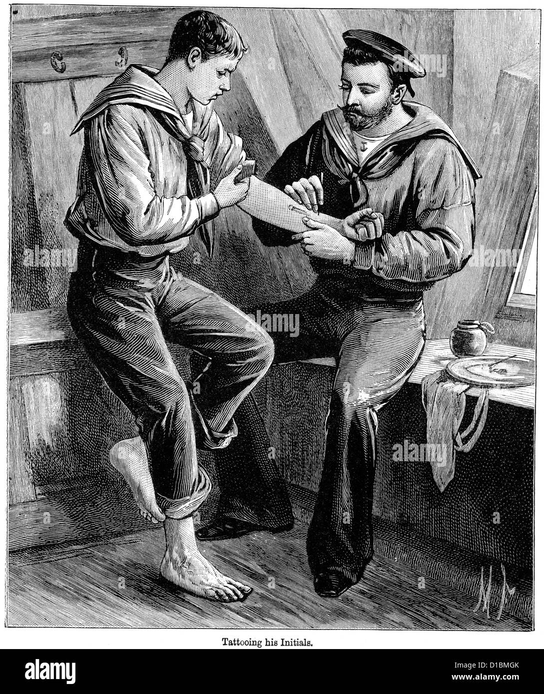 Victorian engraving of a sailor from the Royal Navy having a tattoo put on his arm, 1897 Stock Photo