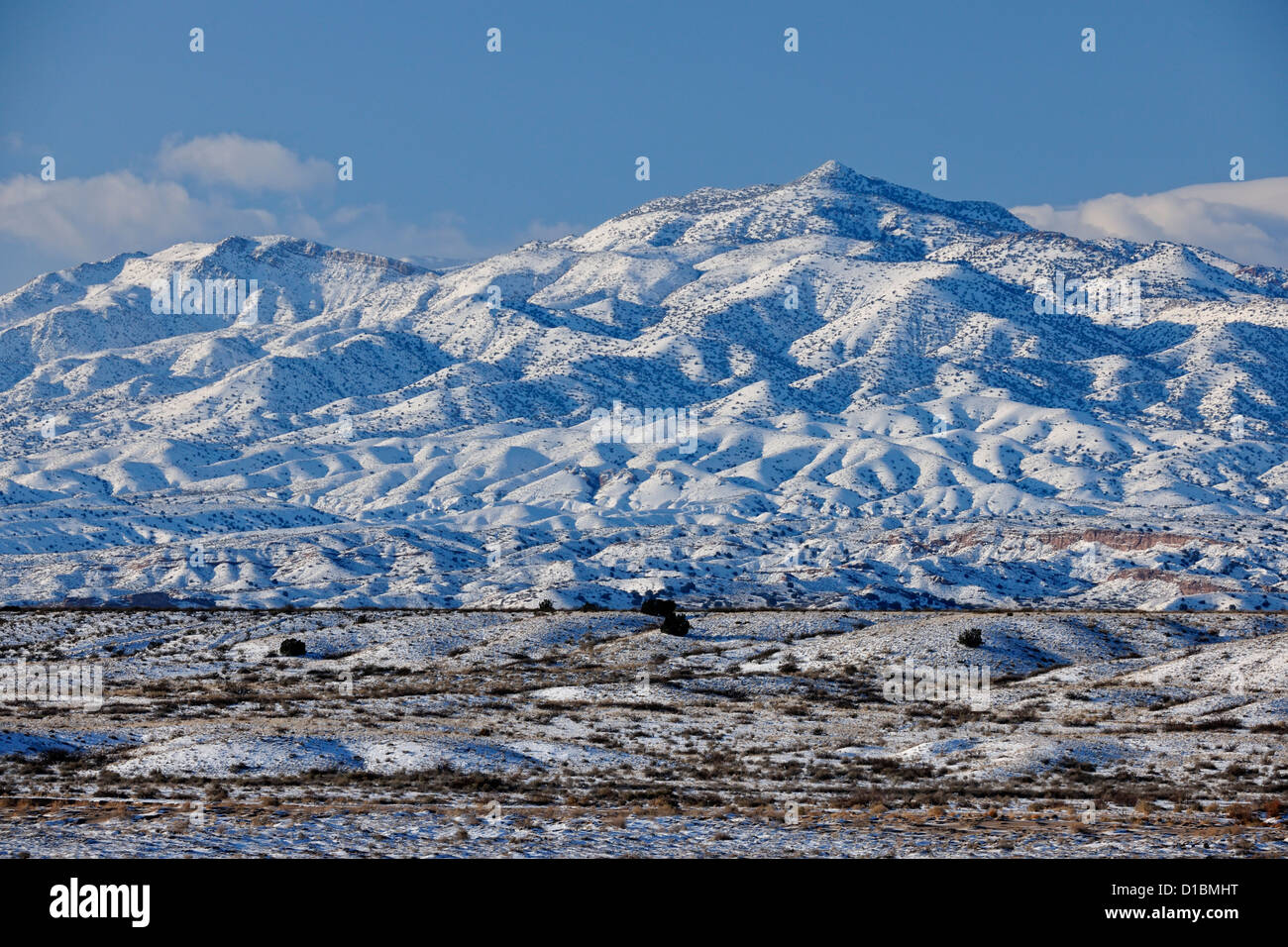 Fresh snow on the Magdalena Mountains near the Rio Salado sand dunes, near Alamillo, New Mexico, USA Stock Photo