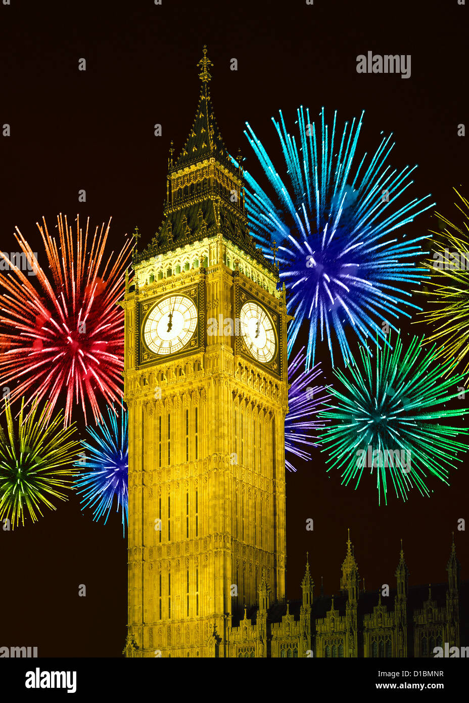 Fireworks above Big Ben in London Stock Photo