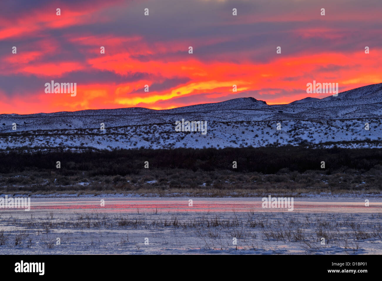 Sunset skies over the Chupadera Mountains, Bosque del Apache NWR, New Mexico, USA Stock Photo