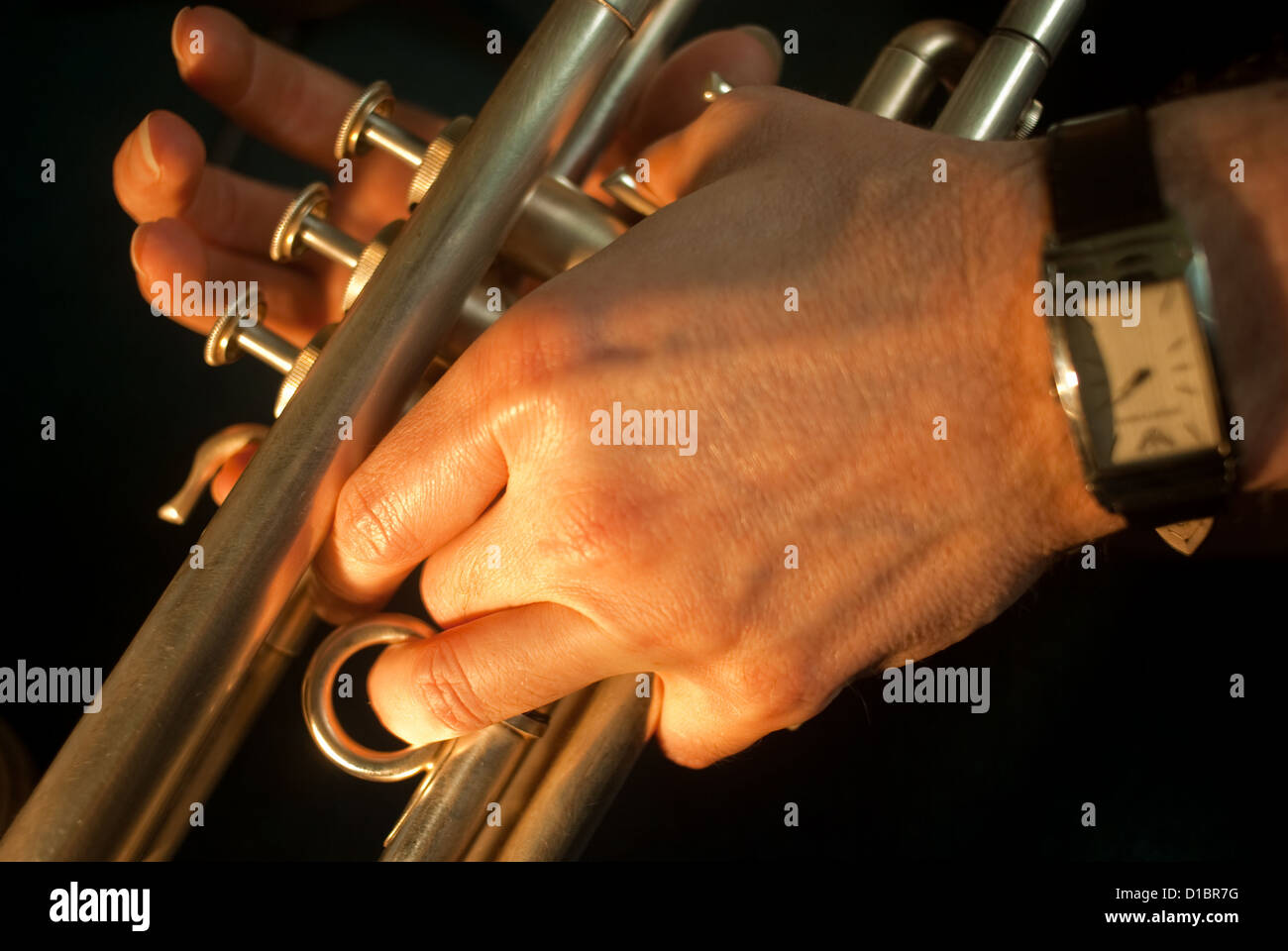 Trumpet and Hands Stock Photo