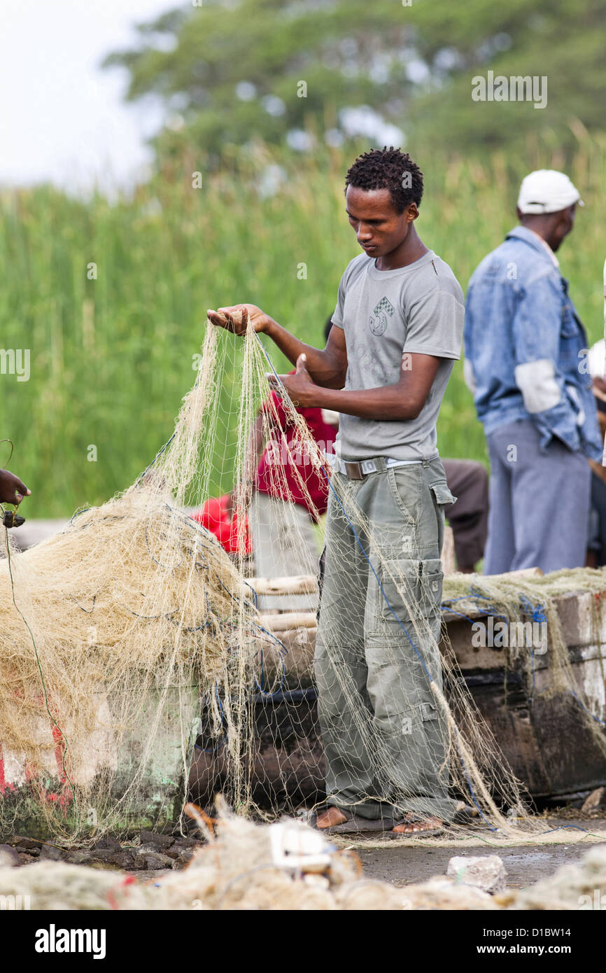 Fishermen on the fish market in Awasa, Ethiopia. the fishermen land