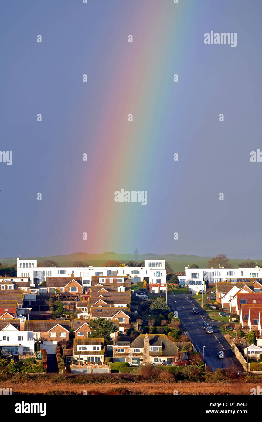 Rainbow over Preston in Dorset, Britain, UK Stock Photo