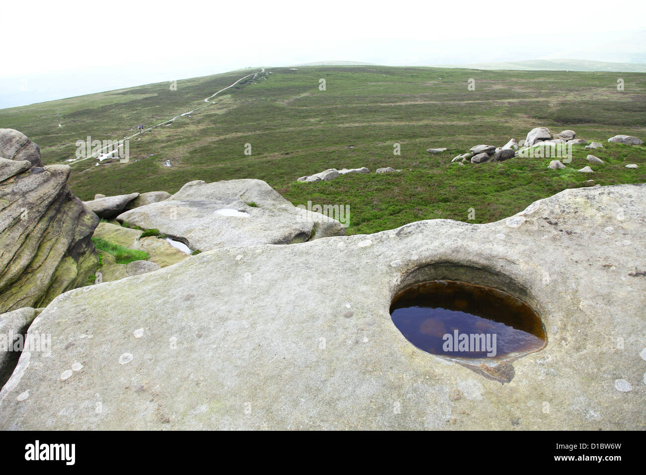 A circular hole worn into the rock at Back Tor Derwent Edge escarpment ...