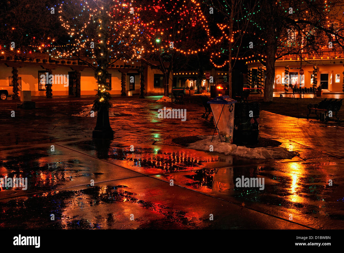 Downtown Santa Fe in winter Holiday Lights in the Plaza, Santa Fe, New Mexico, USA Stock Photo