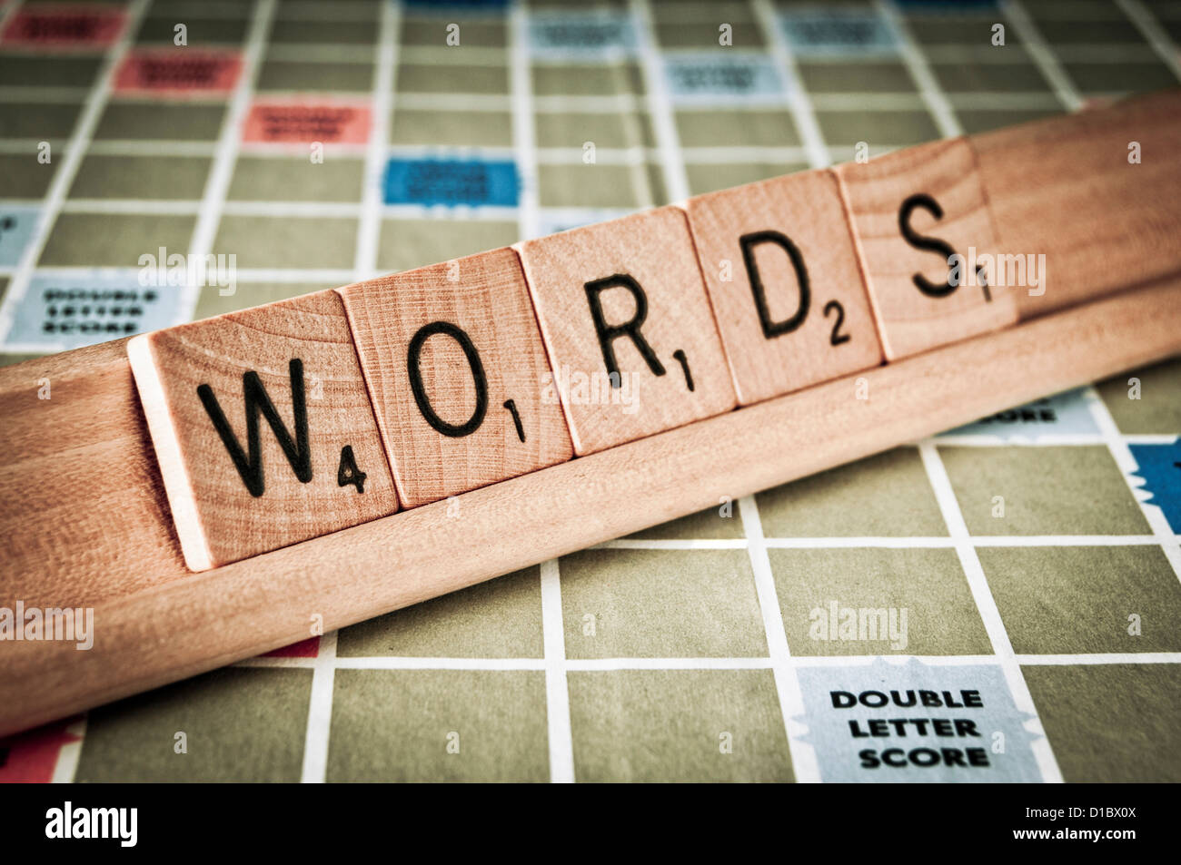 the word words spelled with scrabble tiles Stock Photo Alamy