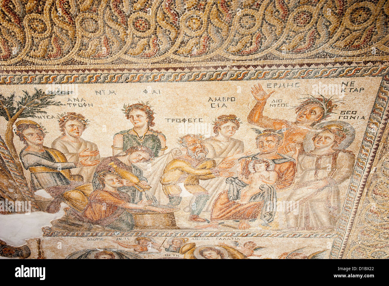 Paphos Mosaics scene represents Dionysos seated in Lap of Hermes being handed to Tropheus and the nymphs of Mount Nysa. Pafos Stock Photo