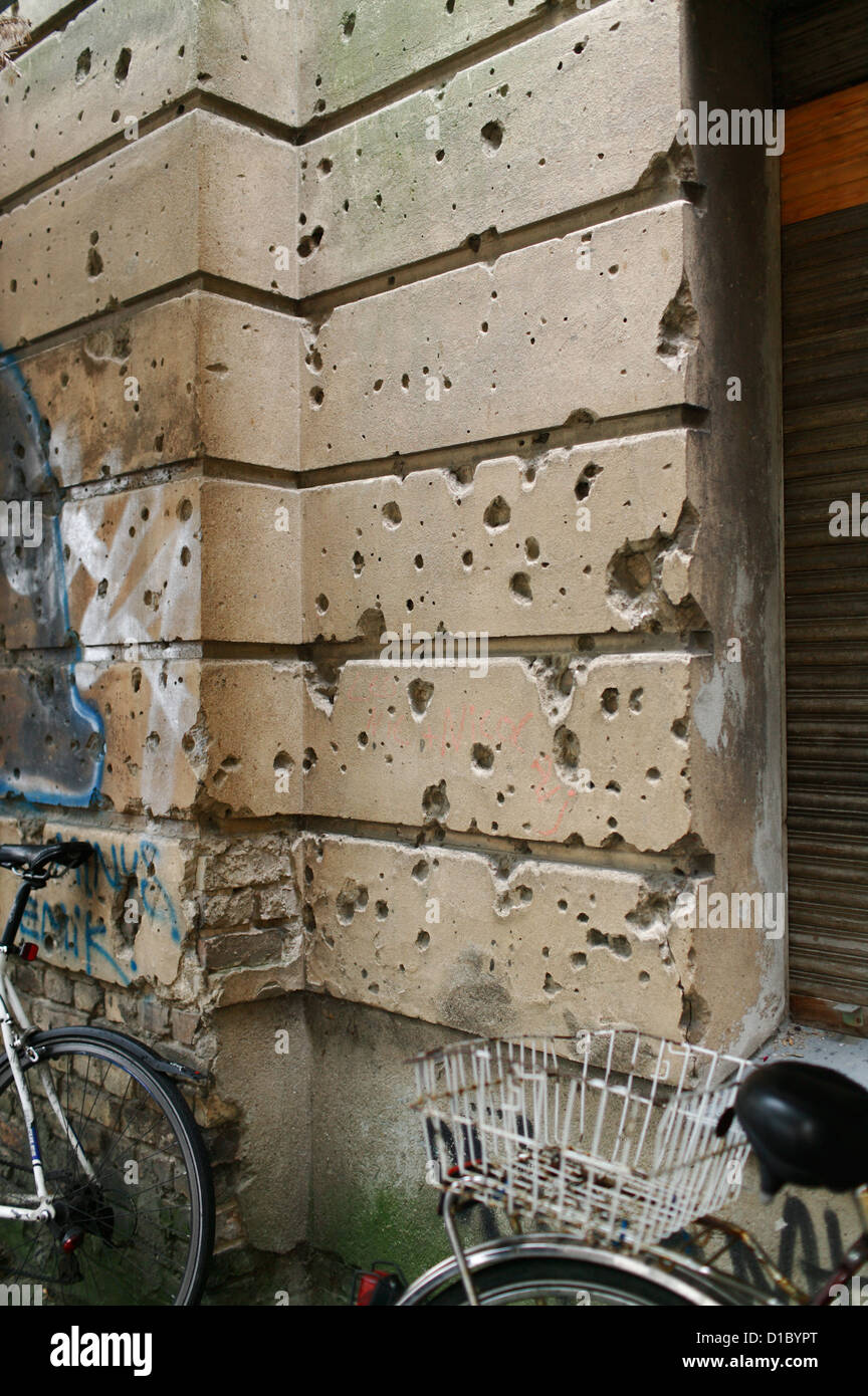 Berlin, Germany, bullet holes from the war on a facade Stock Photo