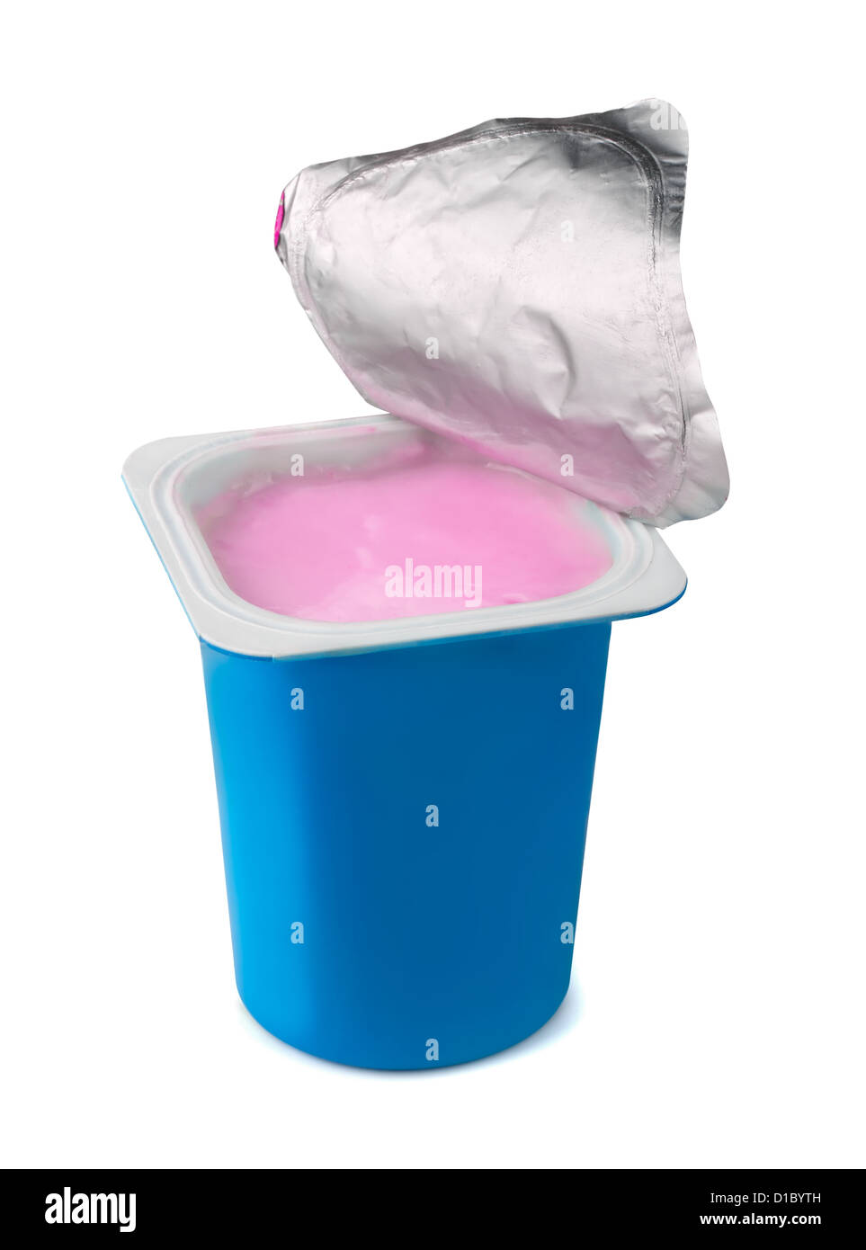 Fruit yogurt in blue plastic box isolated on white Stock Photo