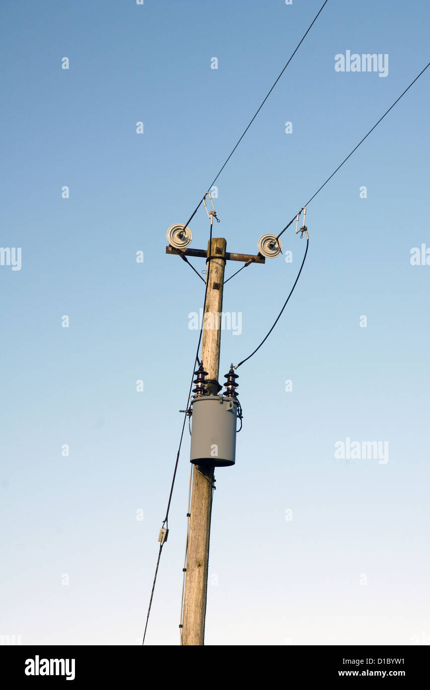 Low voltage transformer on a power pole Stock Photo