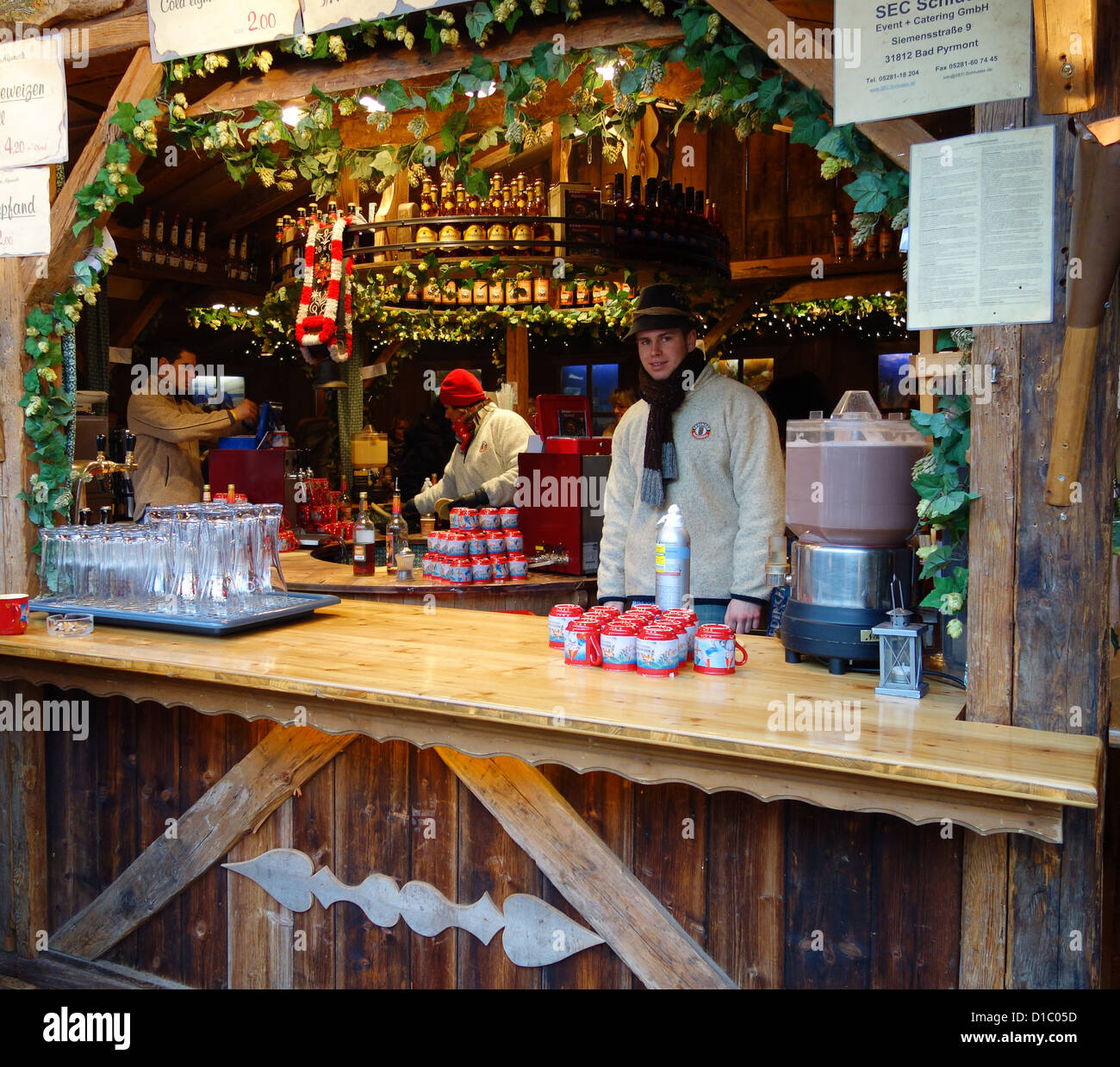 Stall selling Glühwein, Alter Markt Christmas Market, Cologne Stock
