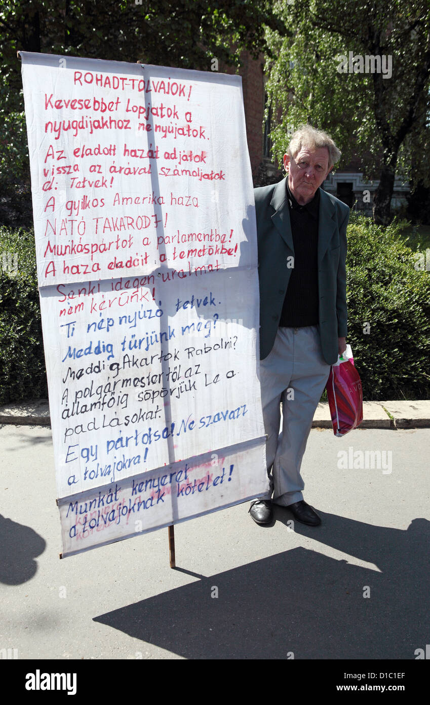 Budapest, Hungary, Senior protested with a handwritten poster Stock Photo