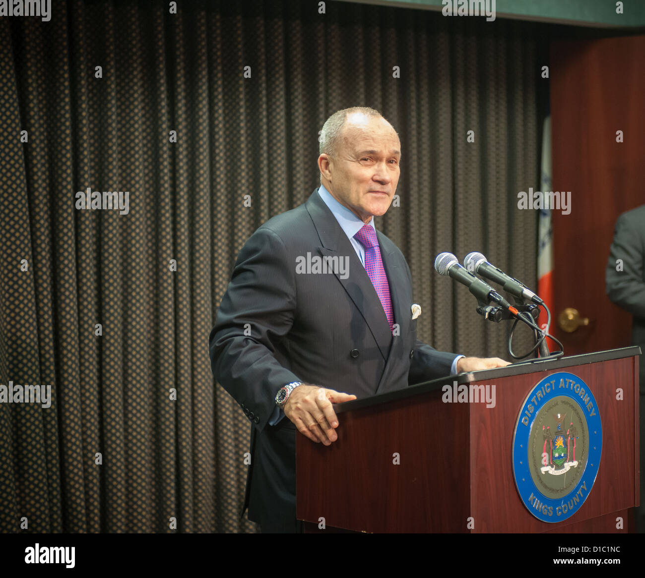 NYPD Commissioner Ray Kelly answers questions from the media after a news conference Stock Photo