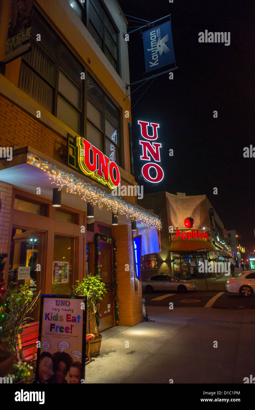 A branch of the Pizzeria Uno restaurant chain and an Applebee's are seen in the Astoria neighborhood of Queens in New York Stock Photo