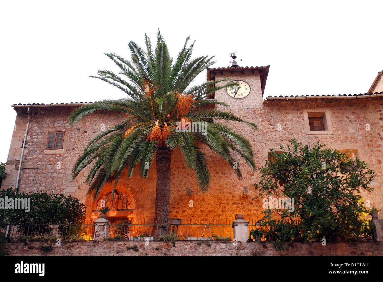 Fornalutx, Spain, clock tower of the parish church in Fornalutx Stock Photo