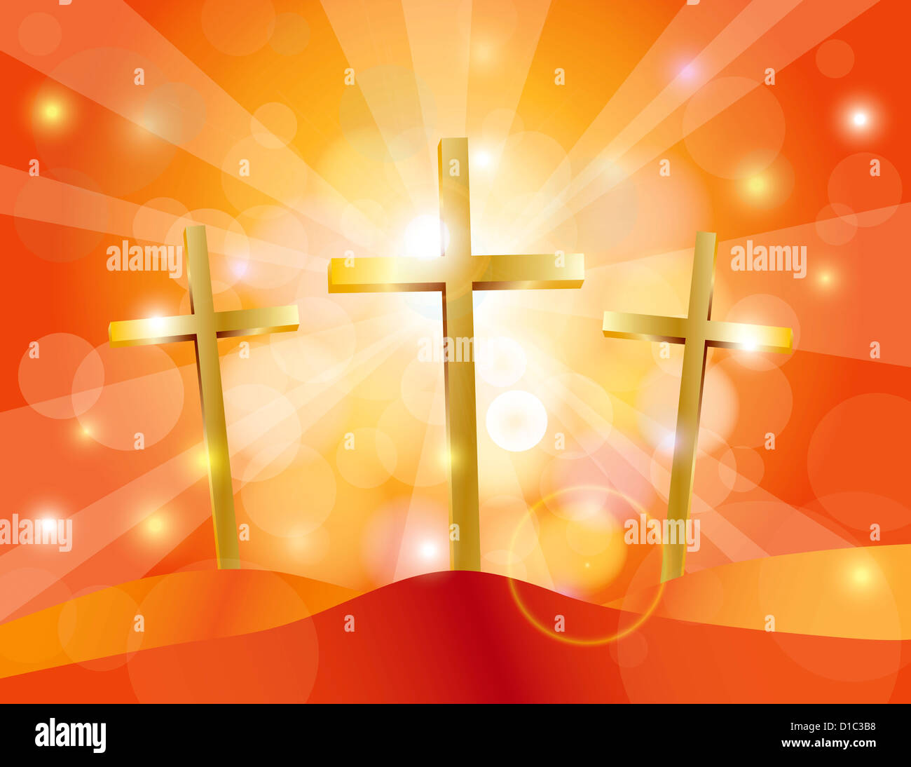 Happy Easter Day Good Friday Gold Cross on Sun Rays on Sky Blue Bokeh Circles and Blurred Background Illustration Stock Photo