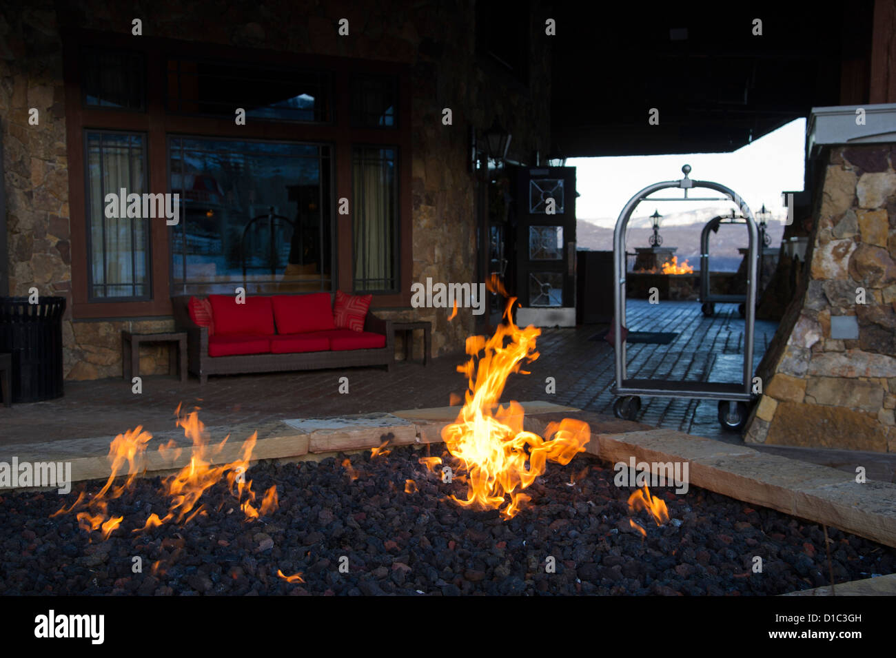 A cozy fireplace at the entrance of the Waldorf Astoria in Park City, Utah UT Stock Photo Alamy