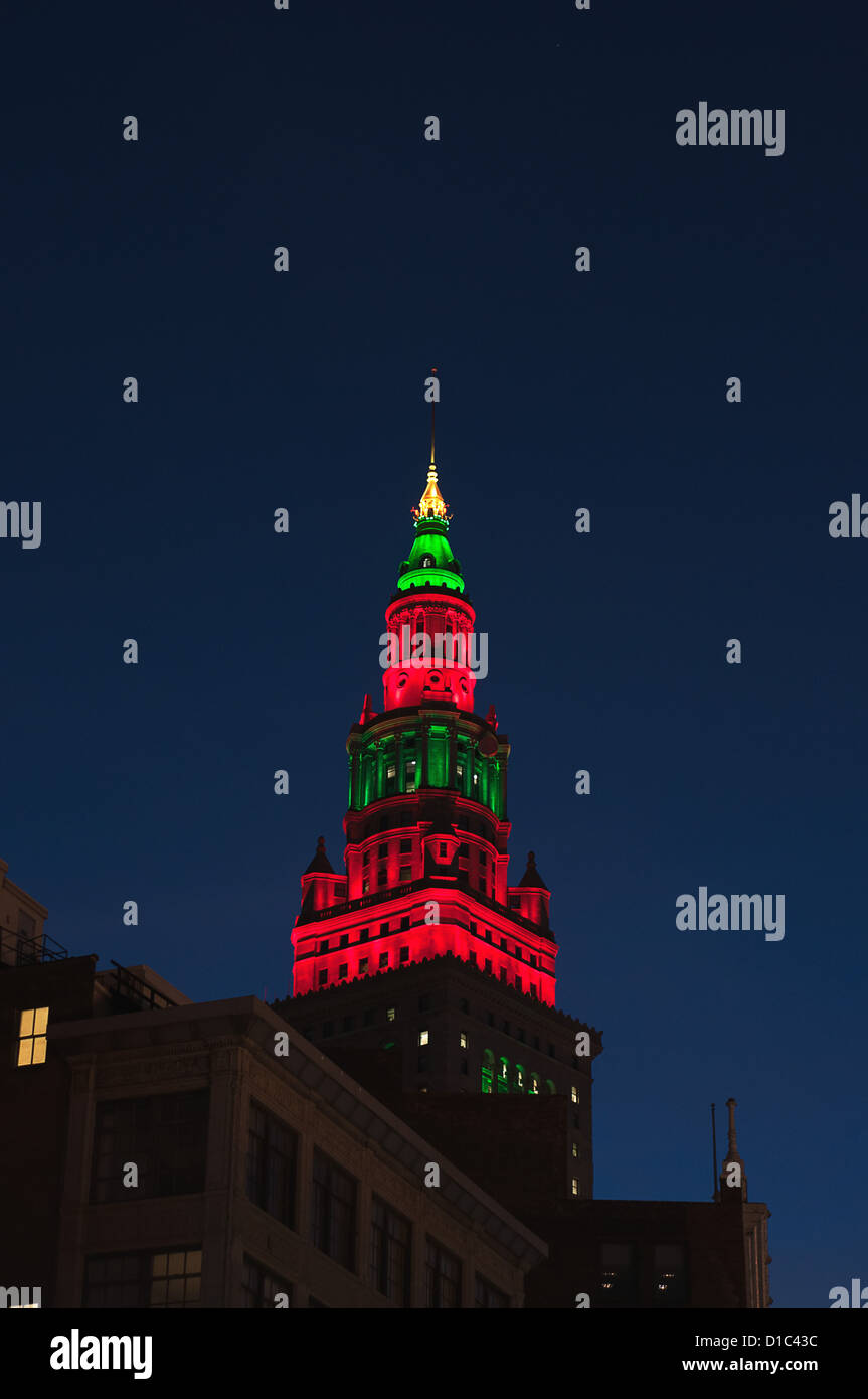 Terminal Tower in downtown Cleveland Ohio shot from Euclid Avenue with Holiday red and green lights Stock Photo