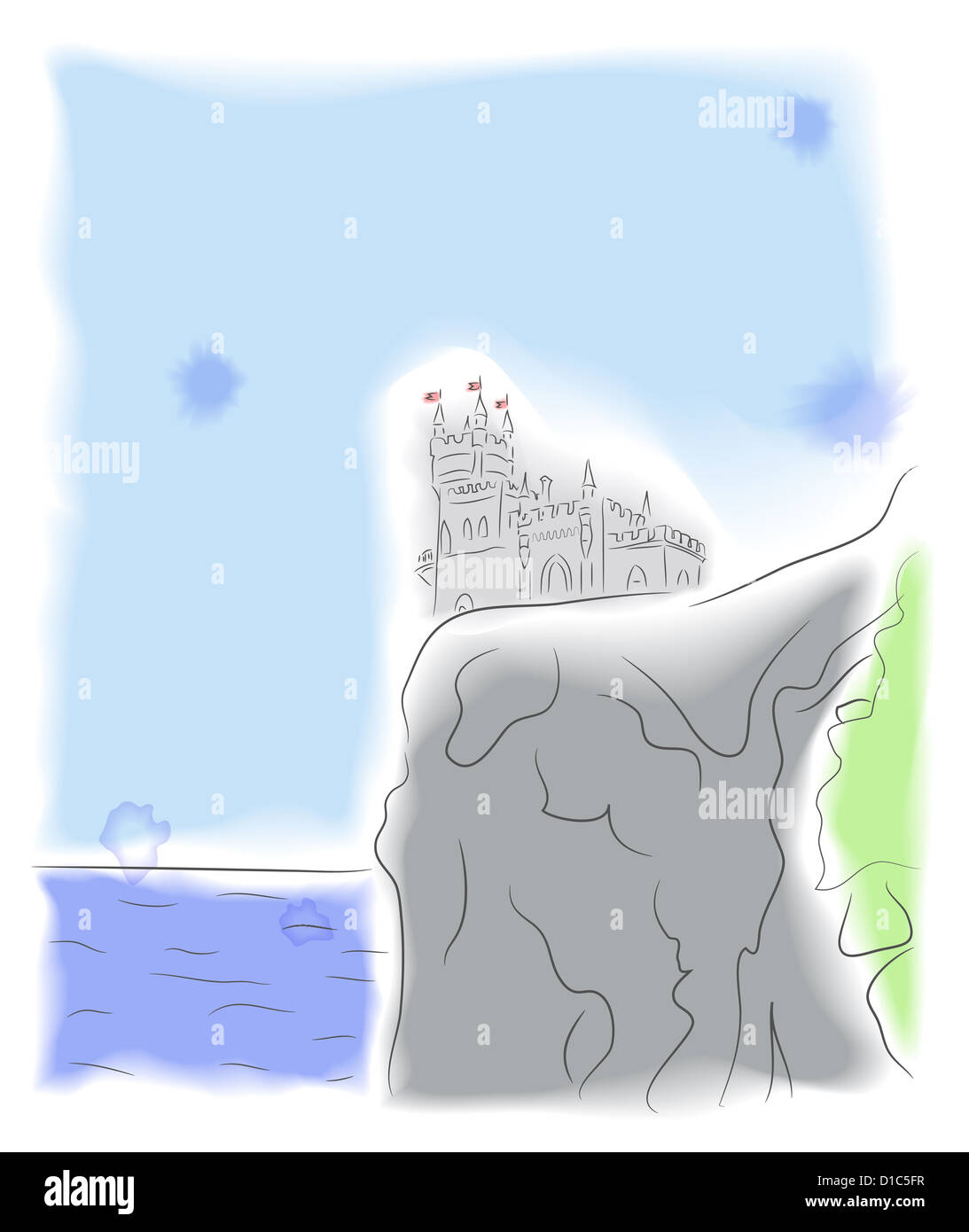 Castle on the cliff by the sea. Vector illustration Stock Photo