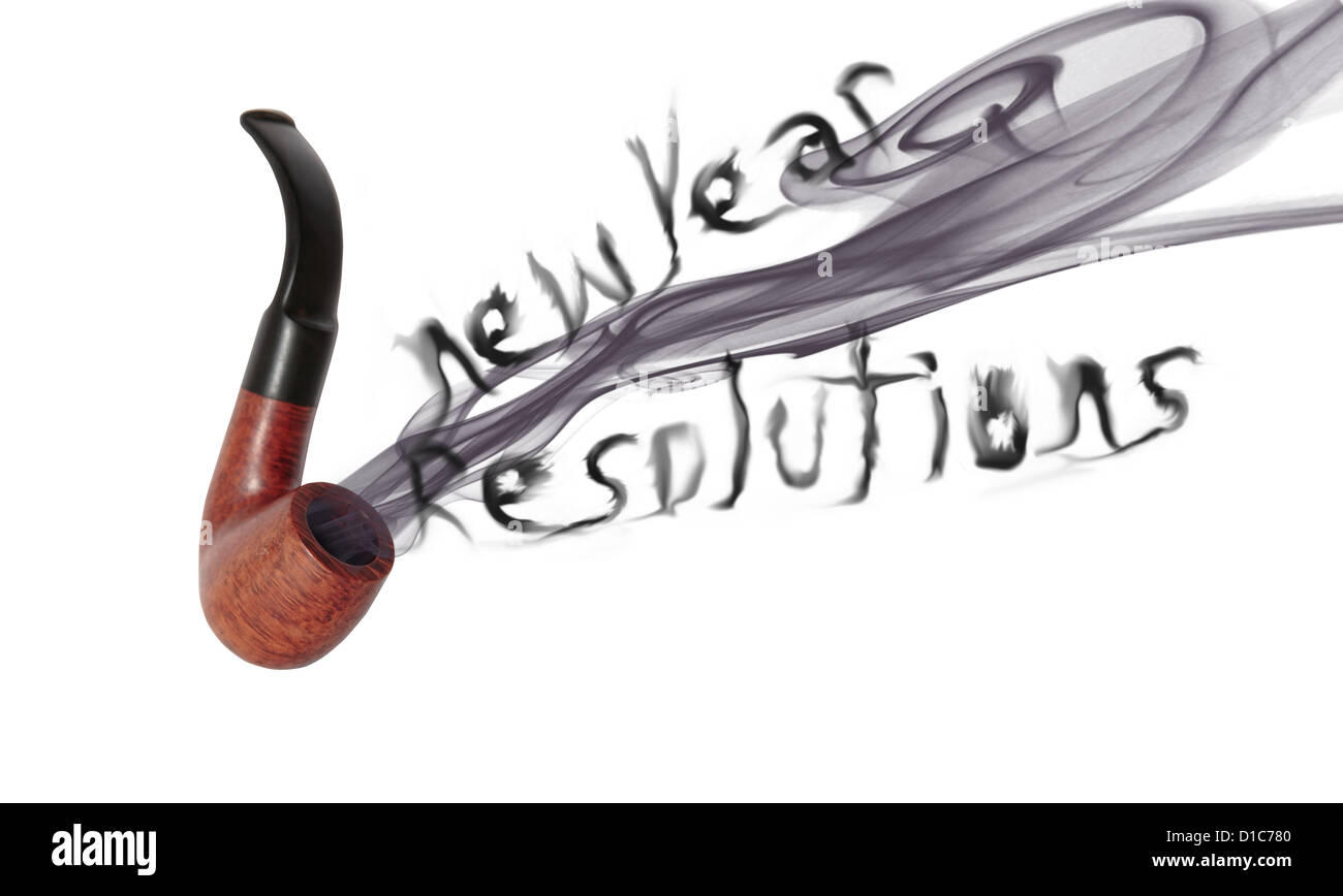 smoke from a smokers pipe saying new year resolutions on white with clipping path Stock Photo