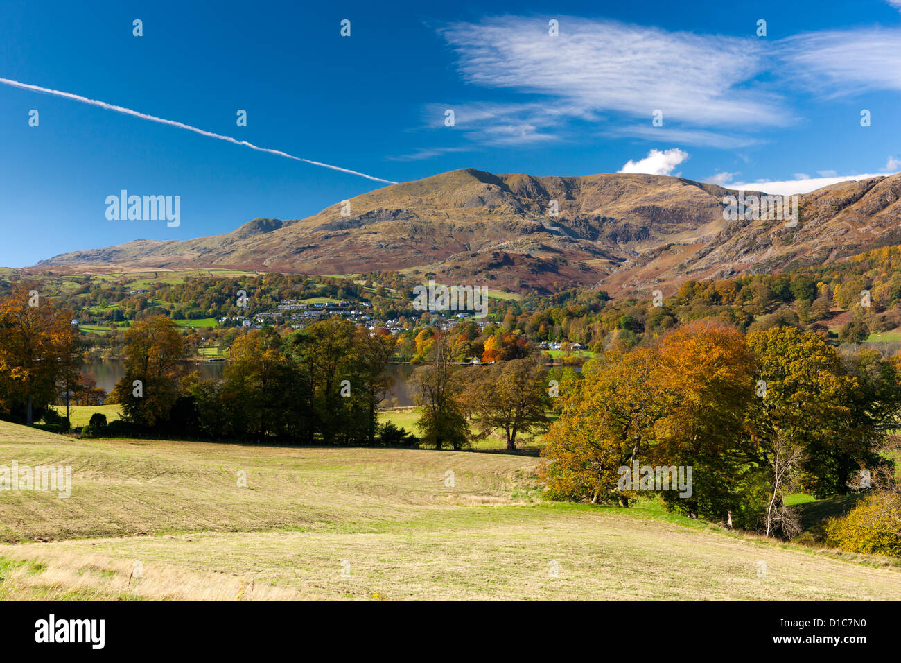 View over Coniston Water towards The old Man of Coniston in the Lake District National Park. Stock Photo