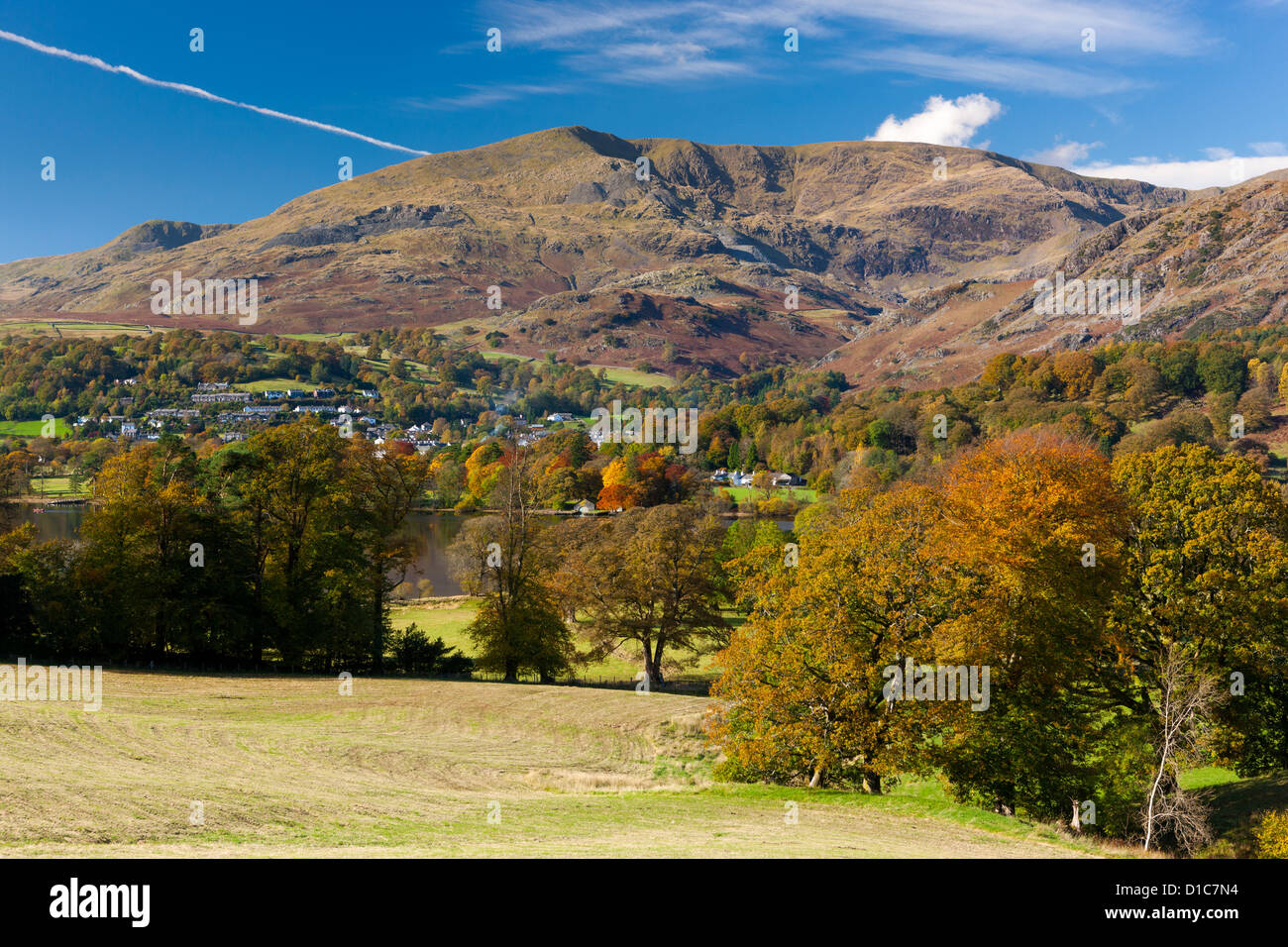 View over Coniston Water towards The old Man of Coniston in the Lake District National Park. Stock Photo