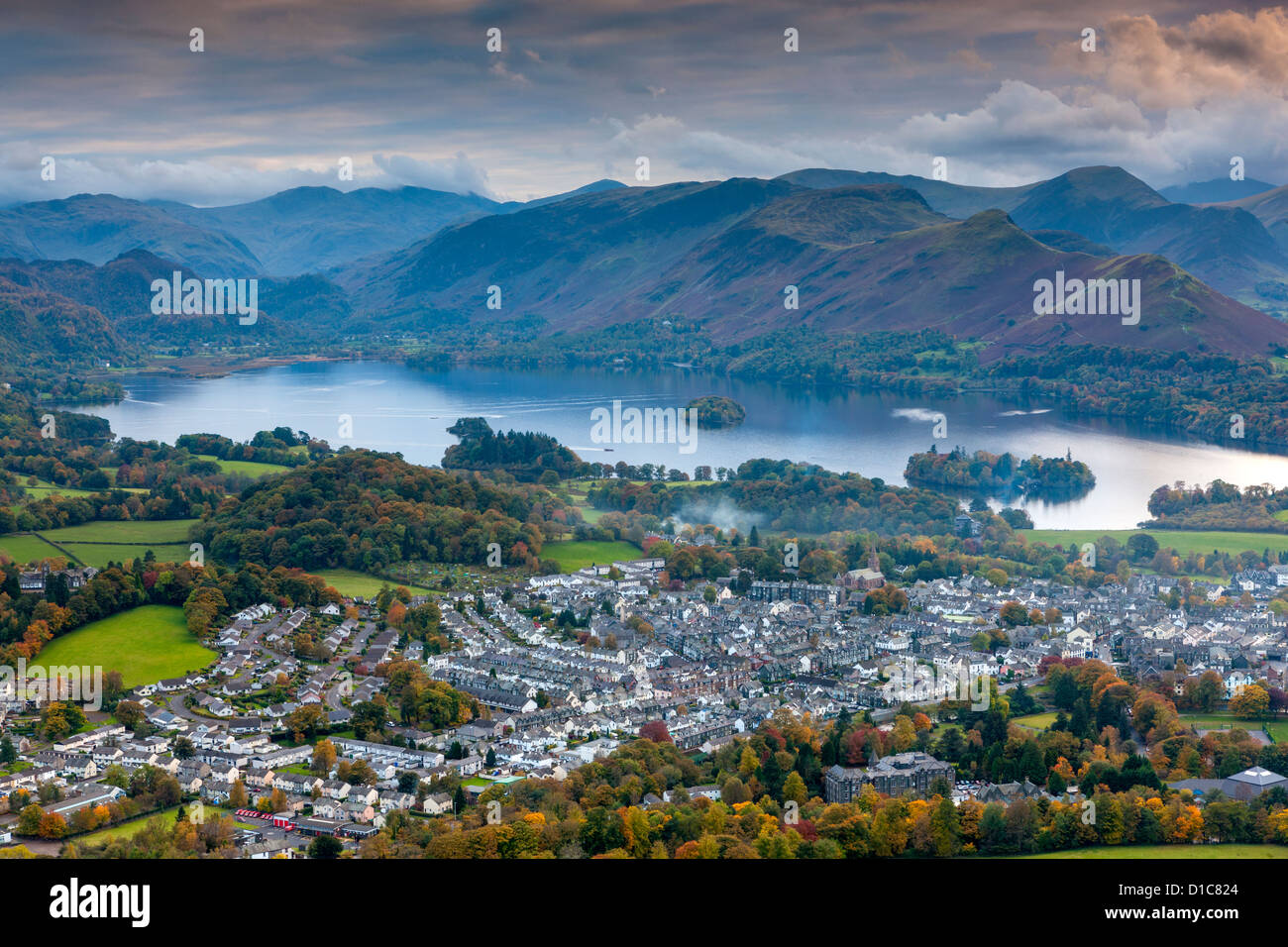 View over Keswick and Derwent Water from Latrigg summit, Lake District National Park. Stock Photo