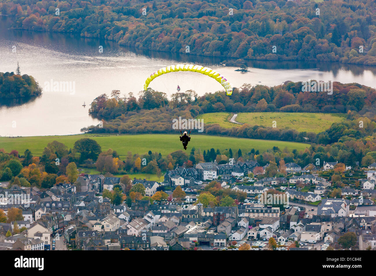 Paraglider over Keswick in the Lake District National Park. Stock Photo