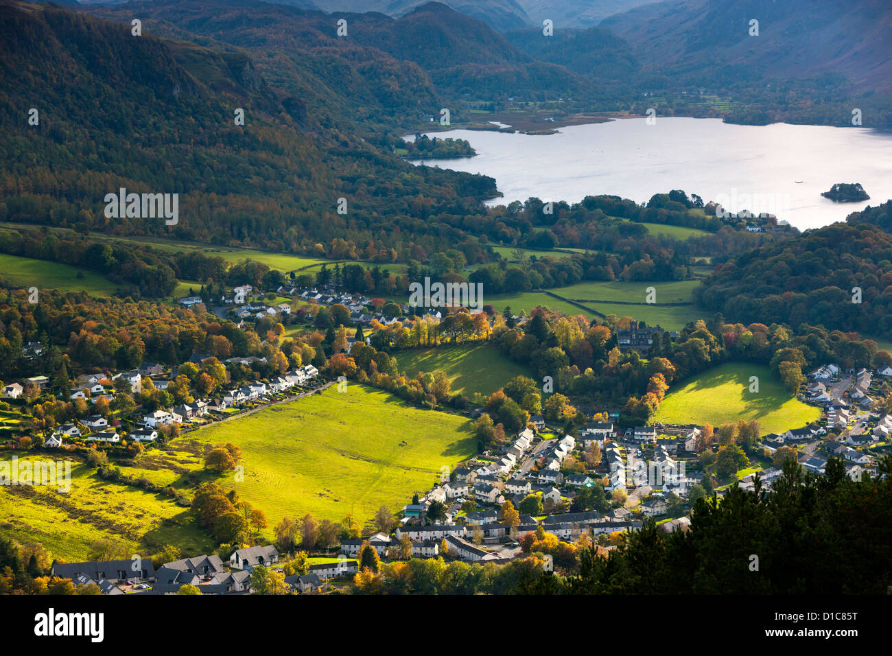 View over Keswick and Derwent Water from the Skiddaw Range, Lake District National Park. Stock Photo